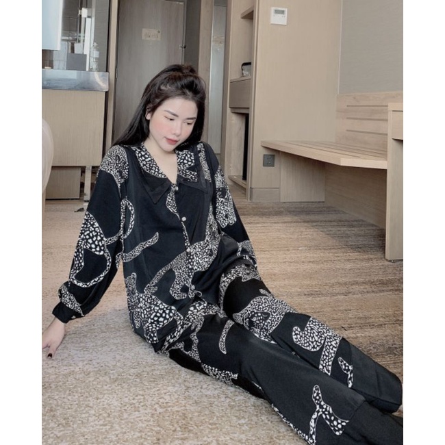 Bộ pijama cỏ nhọn 2 lá tay dài quần dài vải lụa mango , bộ ngủ thiết kế pijama
