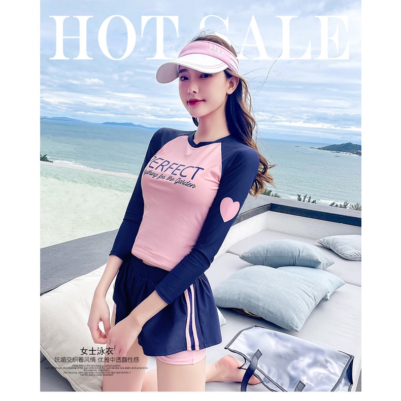 Bộ đồ bơi dài tay nữ đẹp thể thao đồ bơi hàn quốc hai 2 mảnh cho nữ set liền thân đồ tắm biển kín đáo cạp cao Đồ Bơi Thể Thao Áo Tay Dài Quần Short Ôm Dáng Dành Cho Nữ Sinh
