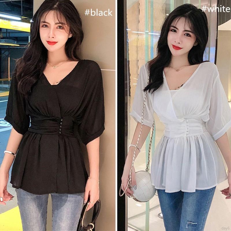 Áo chiffon nữ tay ngắn cổ chữ V thời trang Hàn Quốc