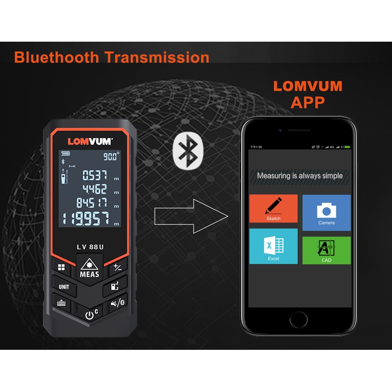 Máy Đo Khoảng Cách Laser Bluetooth LOMVUM 120m 100m 80m 50m Kỹ Thuật Số USB Có Thể Sạc Lại/ Có Thể Điều Chỉnh Mức Điện