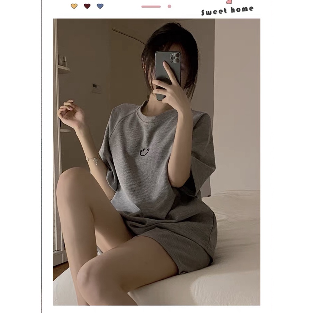 Set Raglan Tổ Ong Thêu Mặt Cười PEONYB Nữ  🌸 Bộ đồ quần short kèm áo thun form rộng tay lỡ hàn quốc Ulzzang 🌸