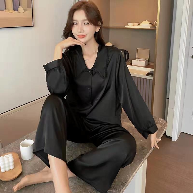 Bộ đồ ngủ cổ búp bê bằng lụa phối ren màu trơn thời trang mùa xuân dành cho nữ