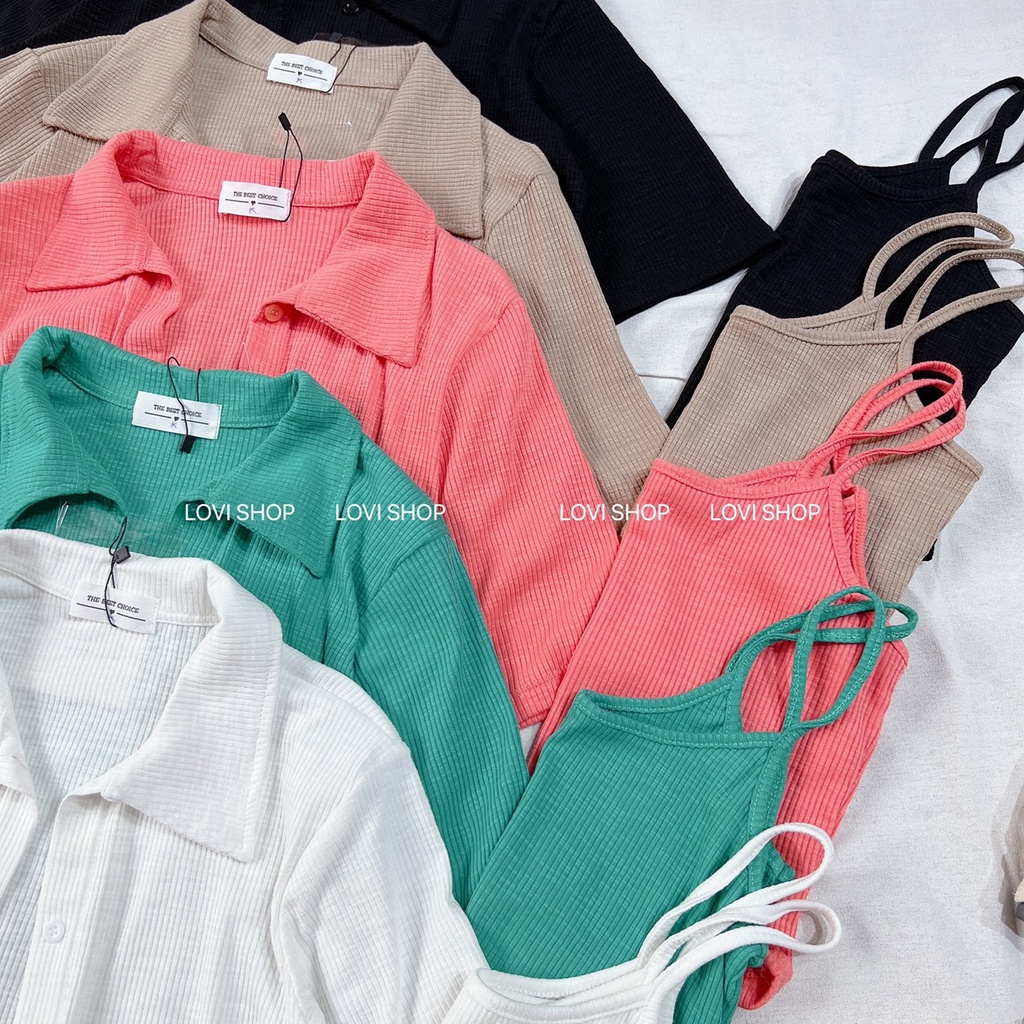 LOVI SHOP - Set áo croptop sơ mi+ áo hai dây basic thun tăm gân mềm LOVI