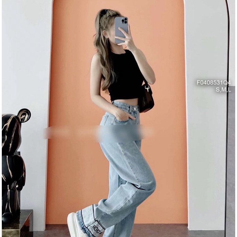 Quần jean dài lai lật cao đính tem và thêu Chữ các kiểu TT0408