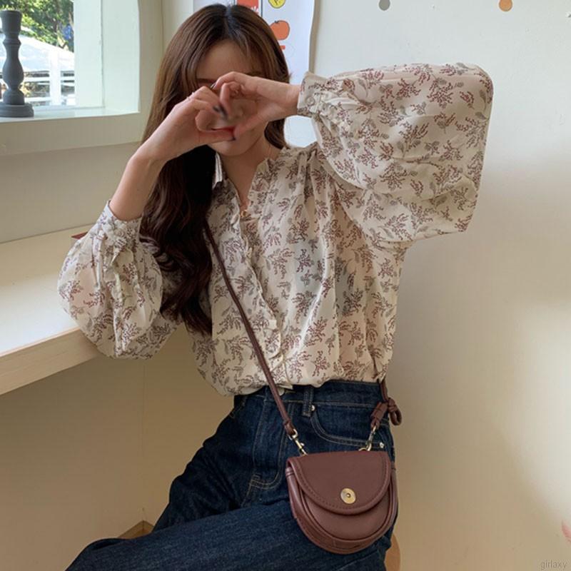Áo nữ vải chiffon dáng rộng tay bo phồng họa tiết hoa duyên dáng phong cách Hàn