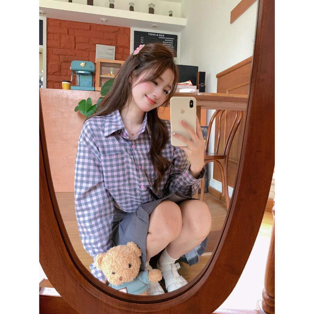 「 WELOVE1 」Áo Sơ Mi Nữ Tay Dài Dáng Rộng Họa Tiết Caro Màu Tím Phong Cách Hàn Quốc Thời Trang Mùa Hè