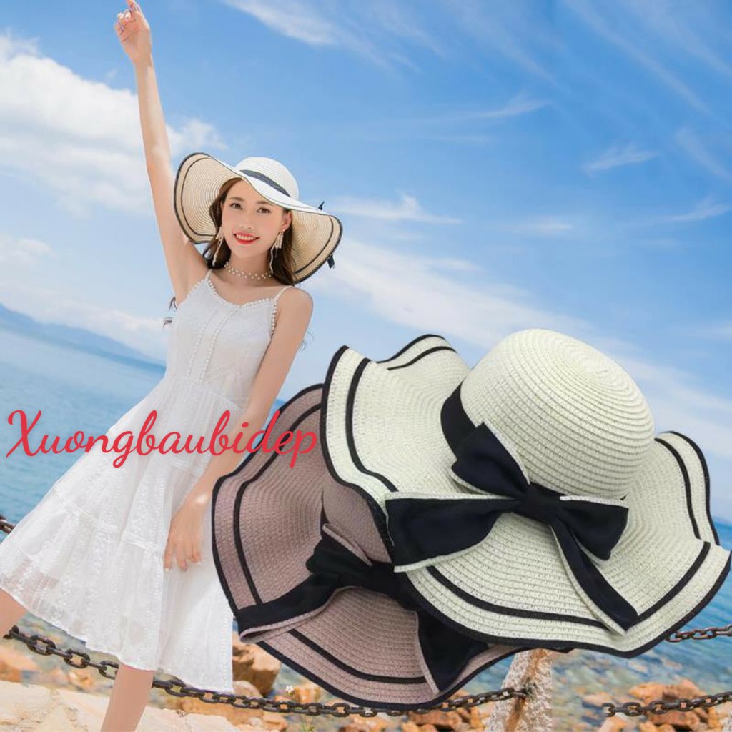 Mũ cói nữ_nón chống nắng rộng vành đai nơ cao cấp phong cách vintage