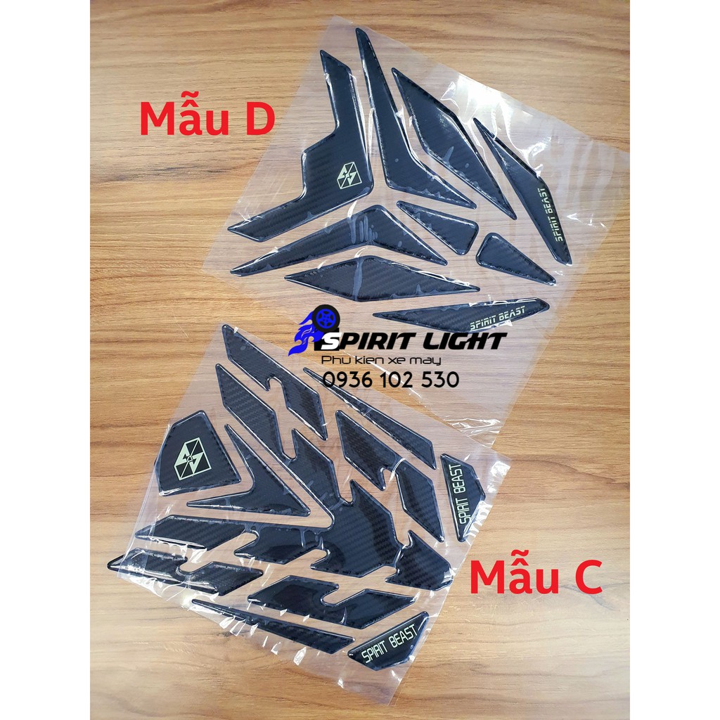 Tem Decal xương cá vân carbon (cac bon, cat bon) Spirit Beast dán ốp bình xăng mô tô phân khối lớn moto PKL decan hãng