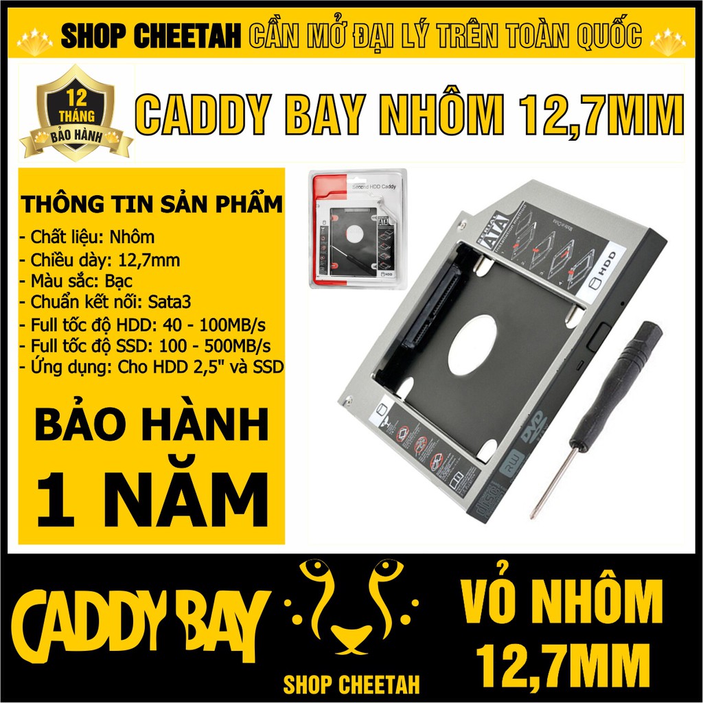 Caddy Bay vỏ nhôm dày 12,7mm - Sata3 cho SSD và HDD 2,5” – Khay ổ cứng thay thế ổ DVD