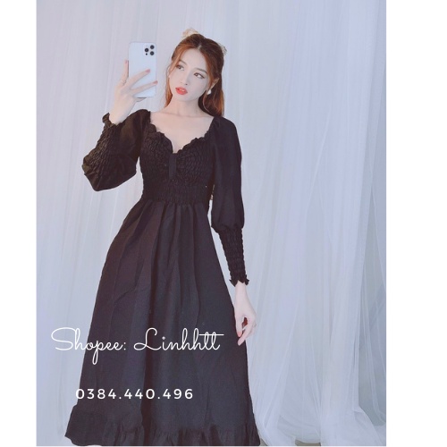 Đầm tay phồng dáng dài nhún ngực Ulzzang siêu sang Váy tay phồng Váy tay dài Đầm dáng dài Đầm tiểu thư công chúaLinh Htt