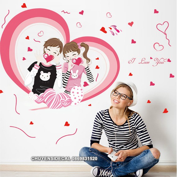 Decal dán tường - Trái Tim đỏ Trai Gái hạnh phuc