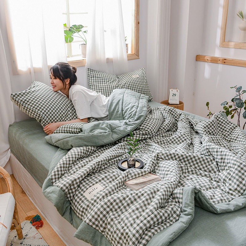 Bộ chăn chần bông ga giường Lidaco cotton đũi Tici kẻ cao cấp