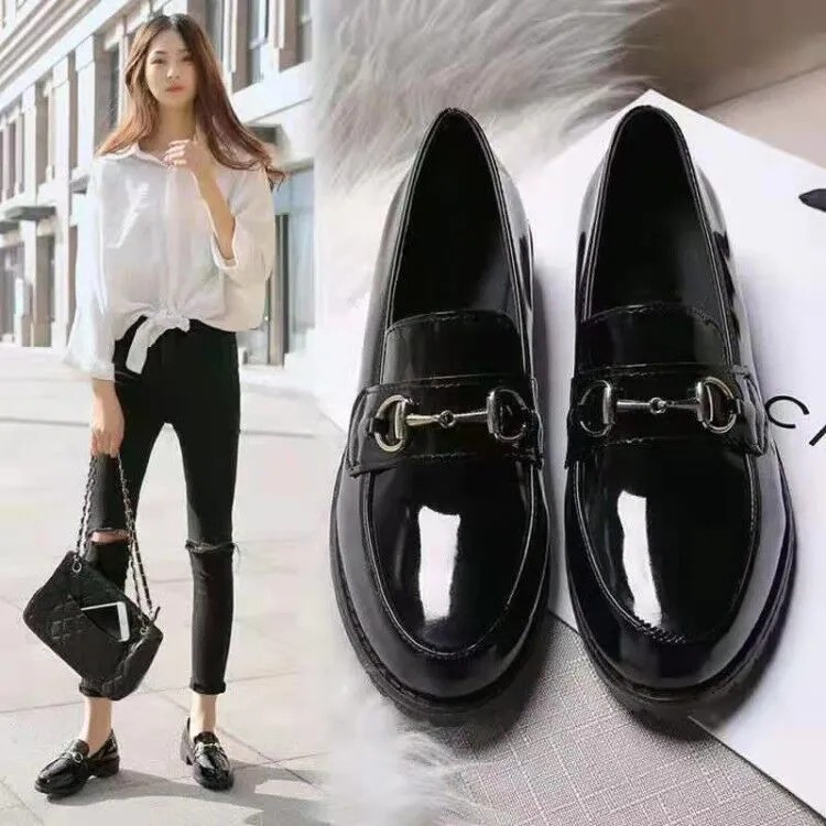 Giày nữ cỡ lớn Phong cách Anh giày da nhỏ cổ điển Hàn Quốc giày đậu đen phẳng[PYX1688]
