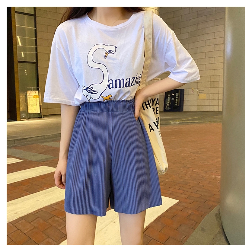 SUXI Quần Short Thiết Kế Lưng Cao Màu Trơn Dáng Rộng Thoải Mái