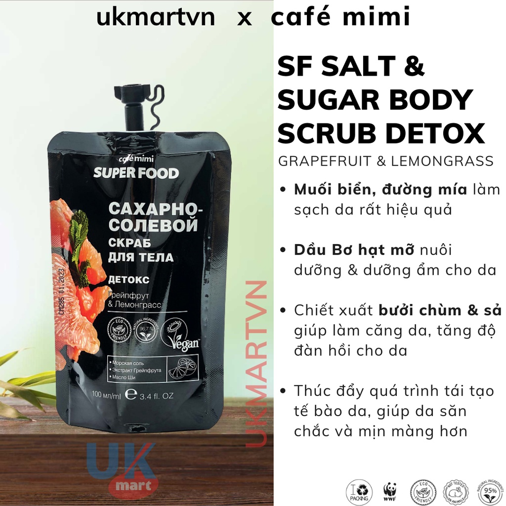 Muối Tẩy Tế Bào Chết Sáng Mịn Toàn Thân CAFÉ MIMI Super Food Salt &amp; Sugar Body Scrub Detox 100ml