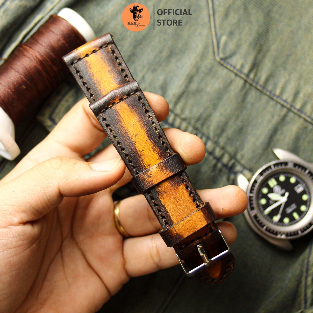 Dây Đồng Hồ Da Thật RAM Leather 1970 Da Bò Italia Vegtan Màu Socola Nền Vàng Bền Đẹp