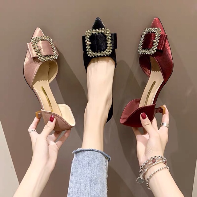Giày cao gót nữ 5 phân mũi nhọn lụa nhung nhũ khoá nơ đá Quảng Châu cao cấp HÀNG CÓ SẴN