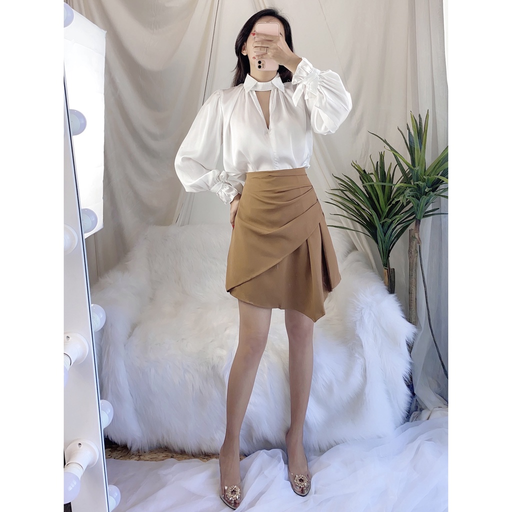 Áo sơ mi trắng công sở, chân váy ngắn xếp, áo lụa, áo sơmi kiểu tay dài, đi làm, chân váy chữ A, set áo mix váy tiểu thư | BigBuy360 - bigbuy360.vn