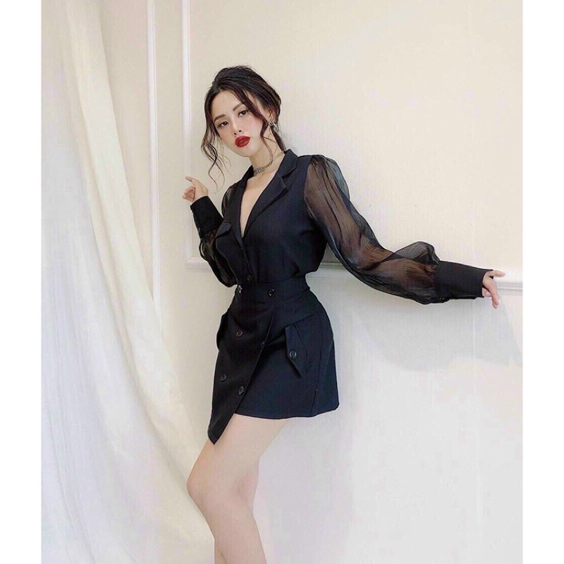 jumpsuits đen phối lưới tay dài cổ vest giả váy size M L