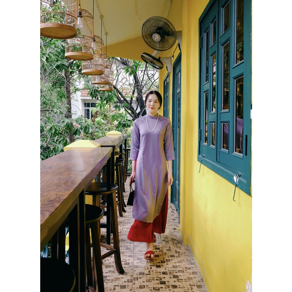 Set Áo Dài Rosemary Lụa Tây tThi Tím Đậm