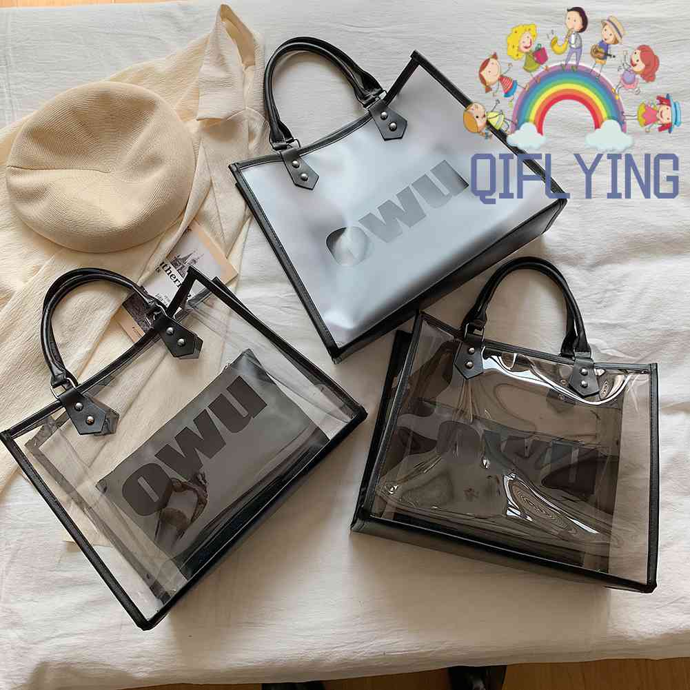 Qifly Túi Xách Nhựa PVC Trong Suốt Cỡ Lớn In Chữ Thời Trang Đi Biển / Mua Sắm