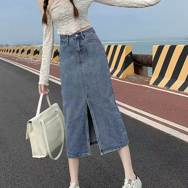 Chân Váy Midi Chữ A Eo Cao Xẻ Tà Retro Hàn Quốc Mới Mùa Hè Cho Bạn Gái