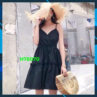 13D16B1 Đầm babydol 2 dây cổ V cột nơ eo dịu dàng nữ tính, vải kate đẹp