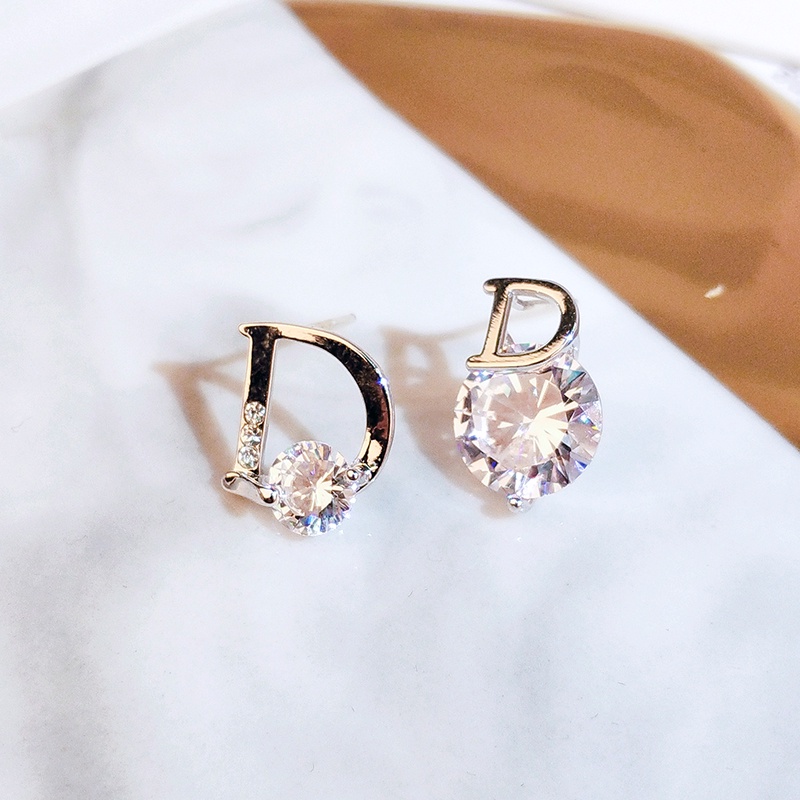 Khuyên tai JIUDUOLAN thiết kế chữ D thép titan màu bạc đính đá zircon nhân tạo phong cách Hàn Quốc thời trang cho nữ