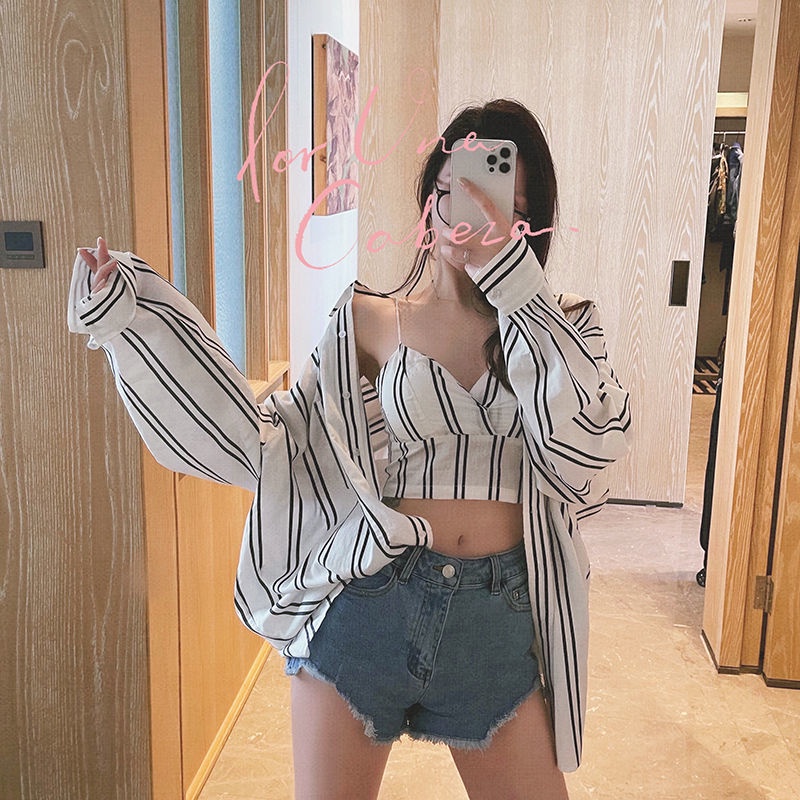 AMOI Áo Hai Dây Dáng Rộng Họa Tiết Kẻ Sọc Thời Trang 2022 Trẻ Trung Cho Nữ