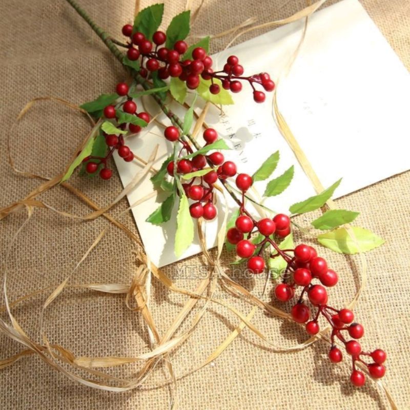 10 nhánh cherry trang trí Noel - cành đào đông đỏ, quả mọng làm vòng nguyệt quế, thiệp Giáng Sinh