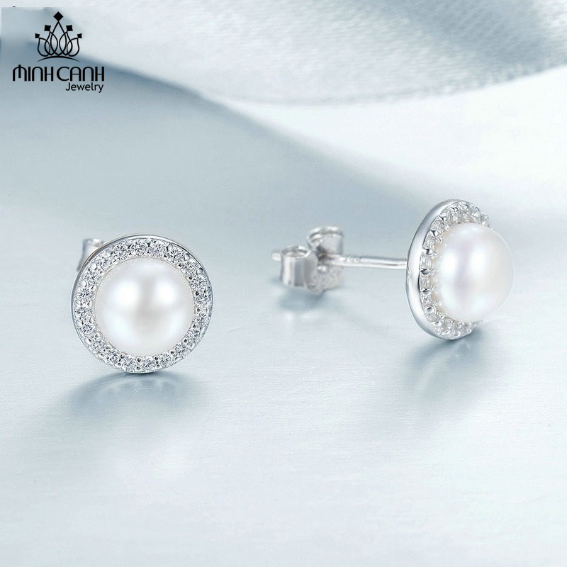 Bông Tai Ngọc Trai Nhân Tạo Viền Đính Đá - Minh Canh Jewelry