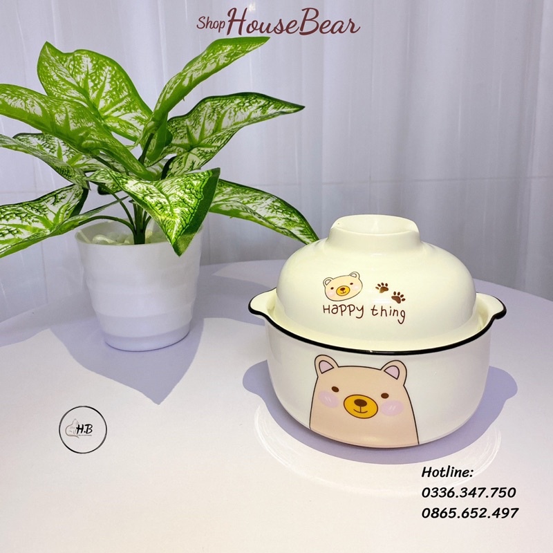 Bát ăn mì in hình chú gấu hồng Happy Thing, có kèm nắp dễ thương