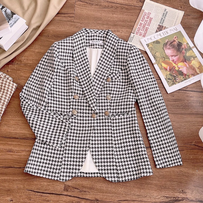 Áo Vest Nữ Cổ Sam Họa Tiết Kẻ Caro  Thanh Lịch Phối 2 Túi Zym's House