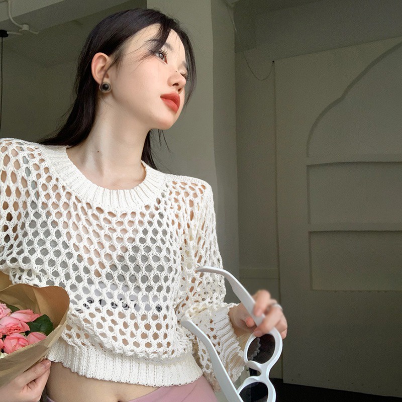 Áo Sơ Mi Tay Dài Cổ Tròn Màu Trơn Phối Lưới Thời Trang Hàn Quốc Cho Nữ