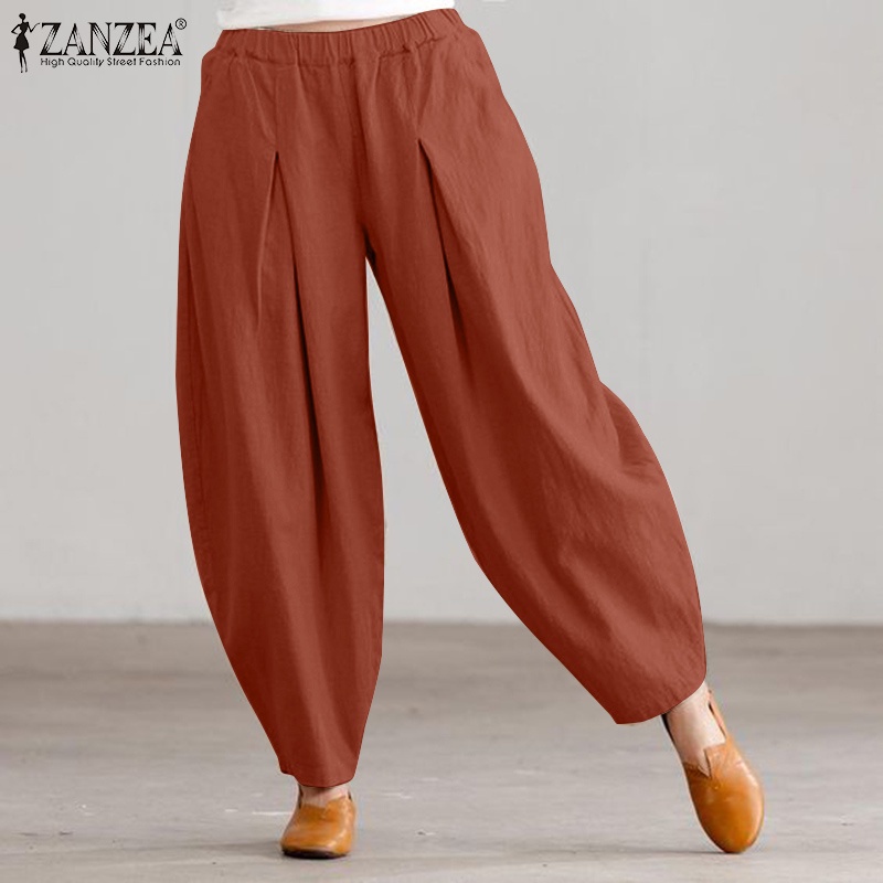Quần harem dài ZANZEA ống rộng lưng quần co giãn màu trơn thời trang thường ngày dành cho bạn nữ