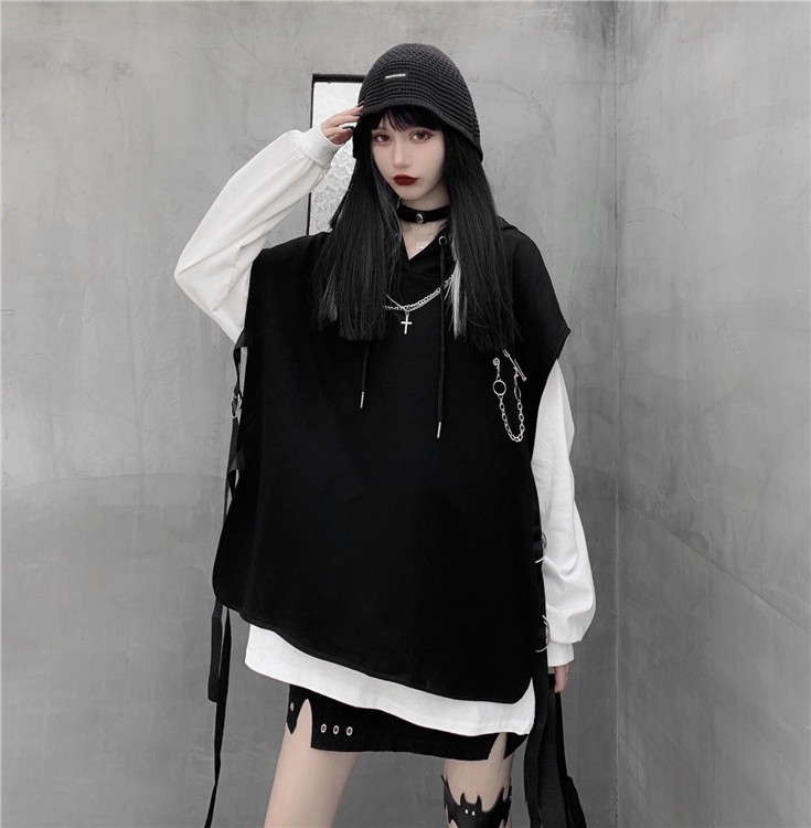 Set Áo Hoodie Sát Nách Form Rộng + Áo Thun Tay Dài Phong Cách Retro Đường Phố