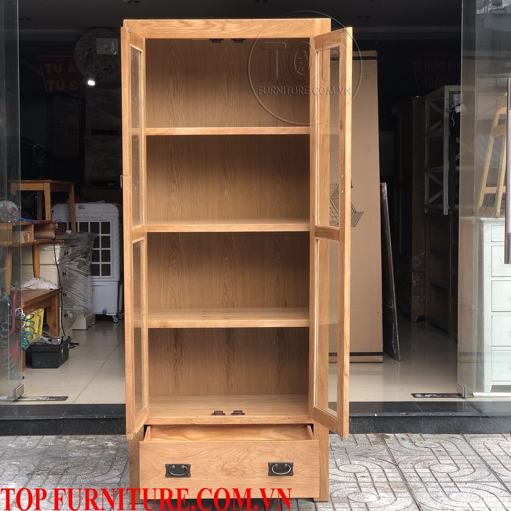 Tủ trưng bày gỗ sồi 2 cánh kính 1 ngăn kéo TOP-1377