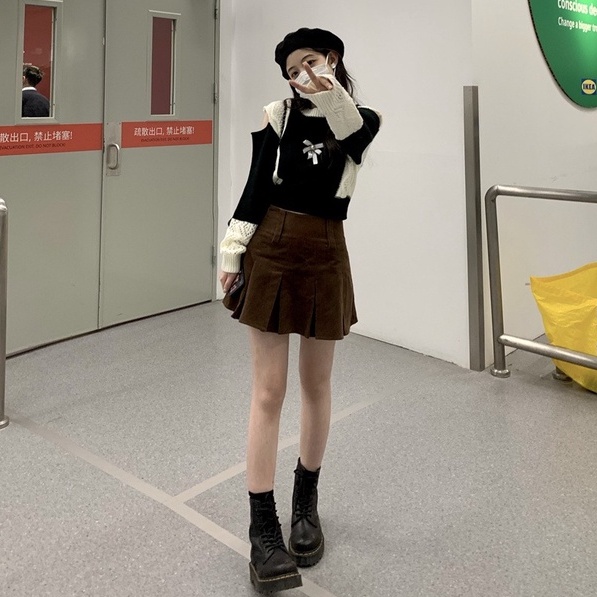 Áo croptop ZHELIHANGFEI dệt kim tay dài hở vai dáng rộng phong cách trẻ trung quyến rũ cho nữ