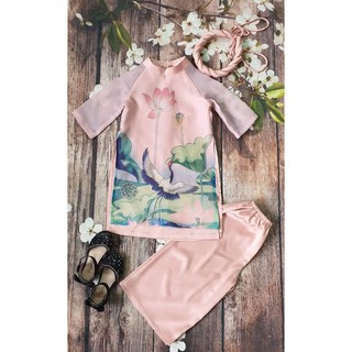 Set áo dài cách tân bé gái vải oganza 4 tà tặng mấn