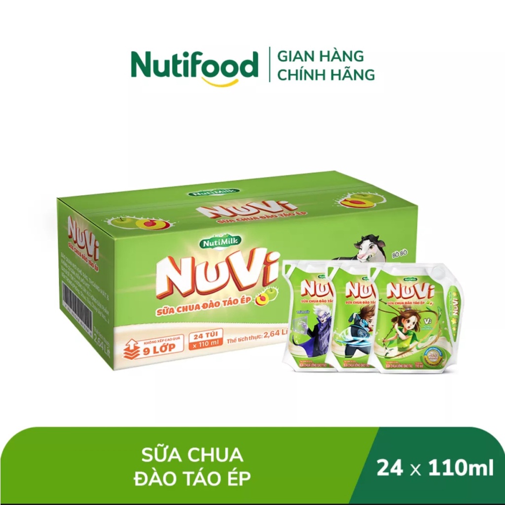 [HSD T6-2022] Thùng 24 túi NuVi Sữa chua Đào táo ép túi 110 ml