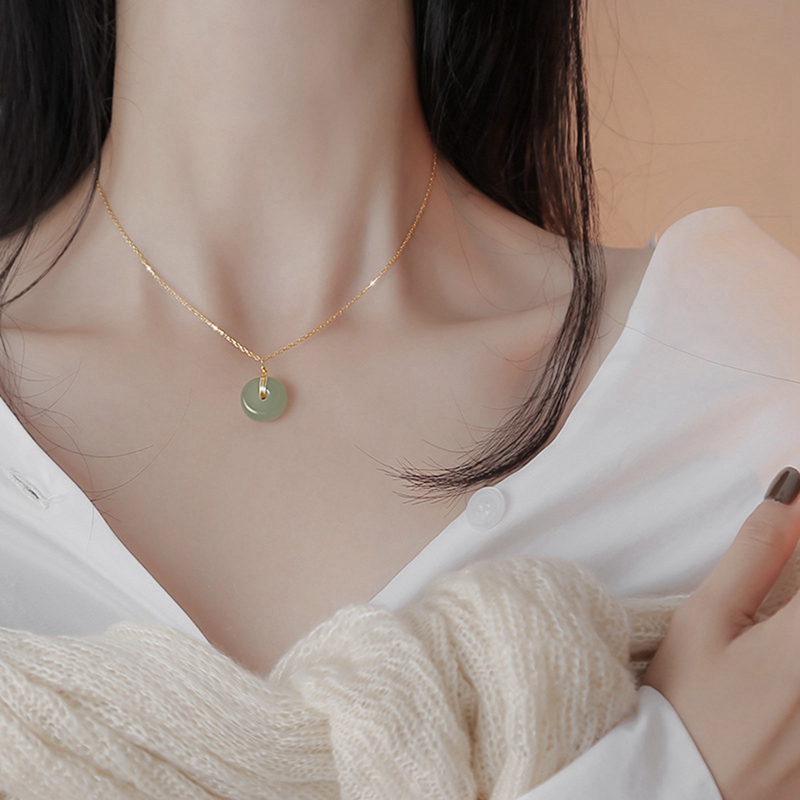 flowersqueen Vòng cổ mặt đính đá ngọc bích tròn thời trang xinh xắn cho nữ