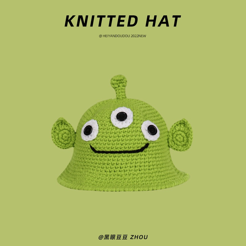 Mũ Len Dệt Kim Thủ Công Màu Xanh Lá Cây Hoạt Hình Vui Nhộn Thời Trang Cho Nữ