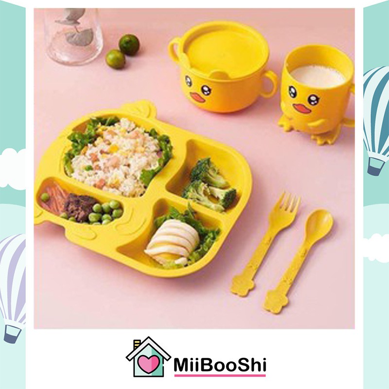 Khay ăn dặm lúa mạch chống đổ cho bé kiêu nhật 6 món hình vịt vàng MiibooShi PVN17352
