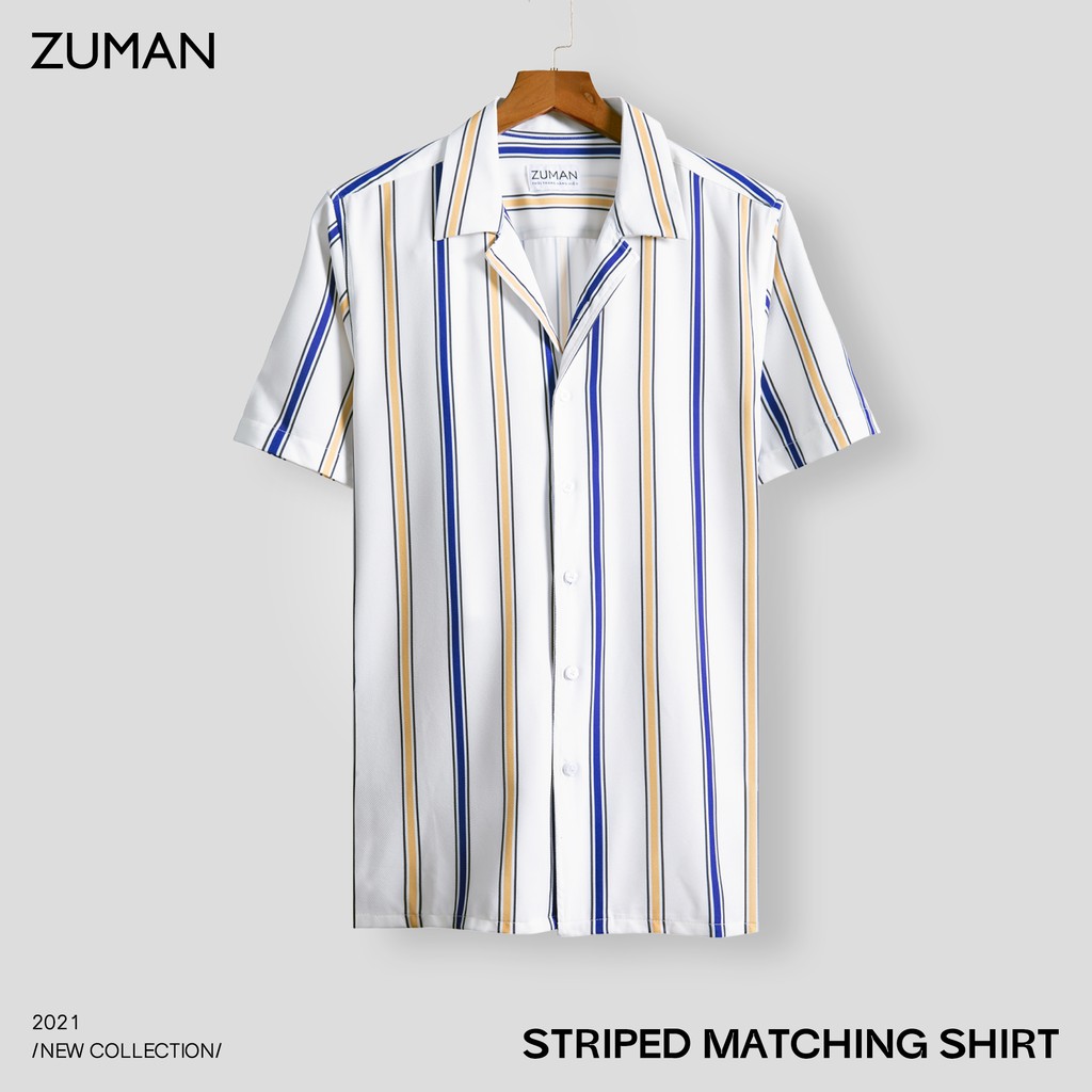 Áo sơ mi nam ngắn tay vải lụa thiết kế hoạ tiết sọc dọc đơn giản- ZUMAN - ASM76