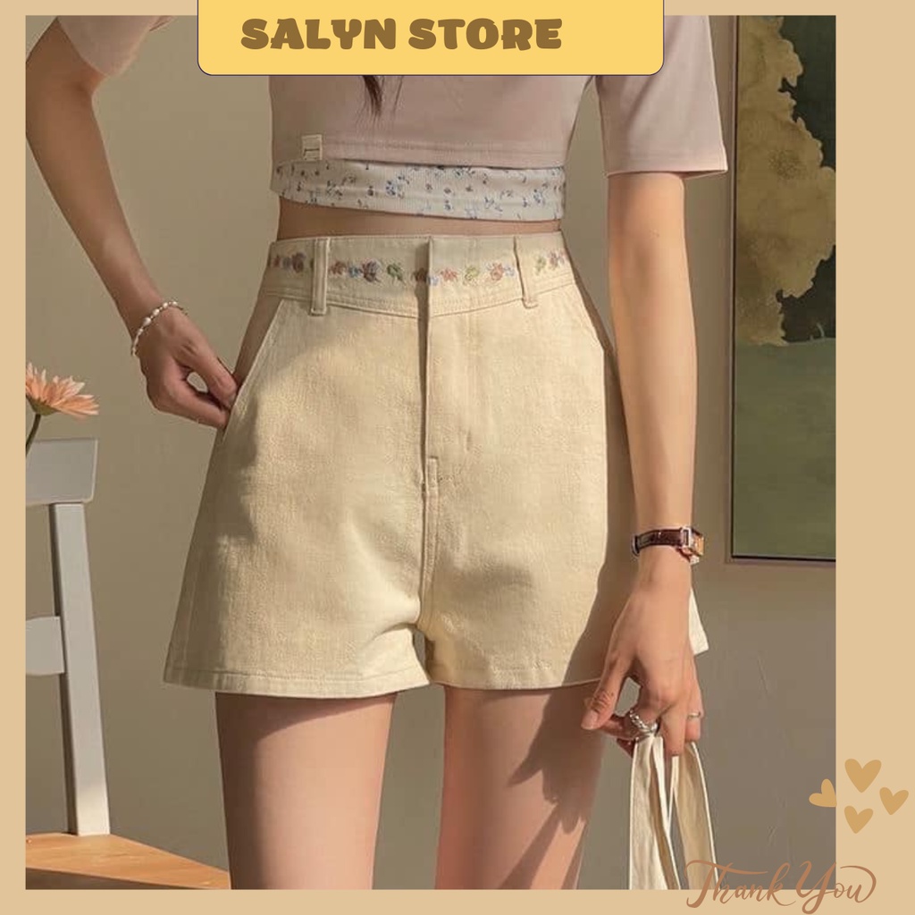 Quần short kaki đùi form rộng cạp cao thêu hoa phong cách Hàn Quốc Salyn