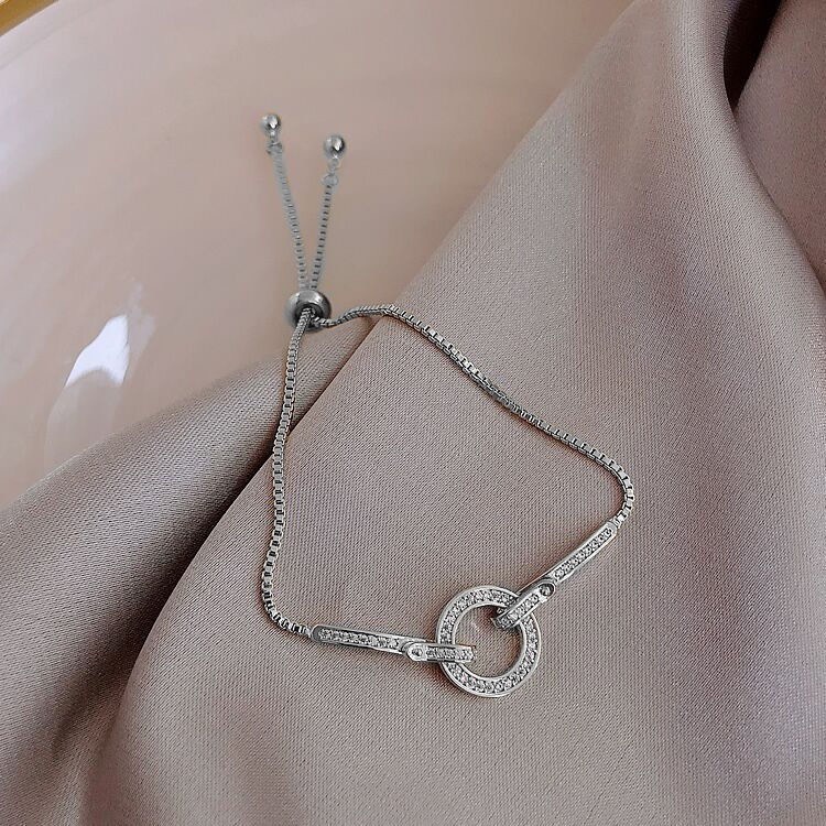 Lắc tay nữ mặt vòng tròn đính đá zircon LEMI thời trang vintage Vòng tay có dây rút chỉnh kích thước thông minh Lémi
