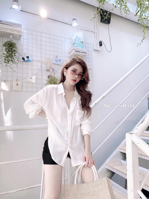 Áo sơ mi dài tay phom rộng vải tơ chất đep