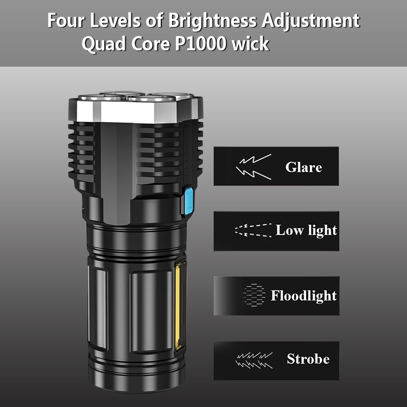 Đèn Pin 4 Bóng LED Siêu Sáng 1500m Có Thể Sạc Lại Bằng Cổng Usb