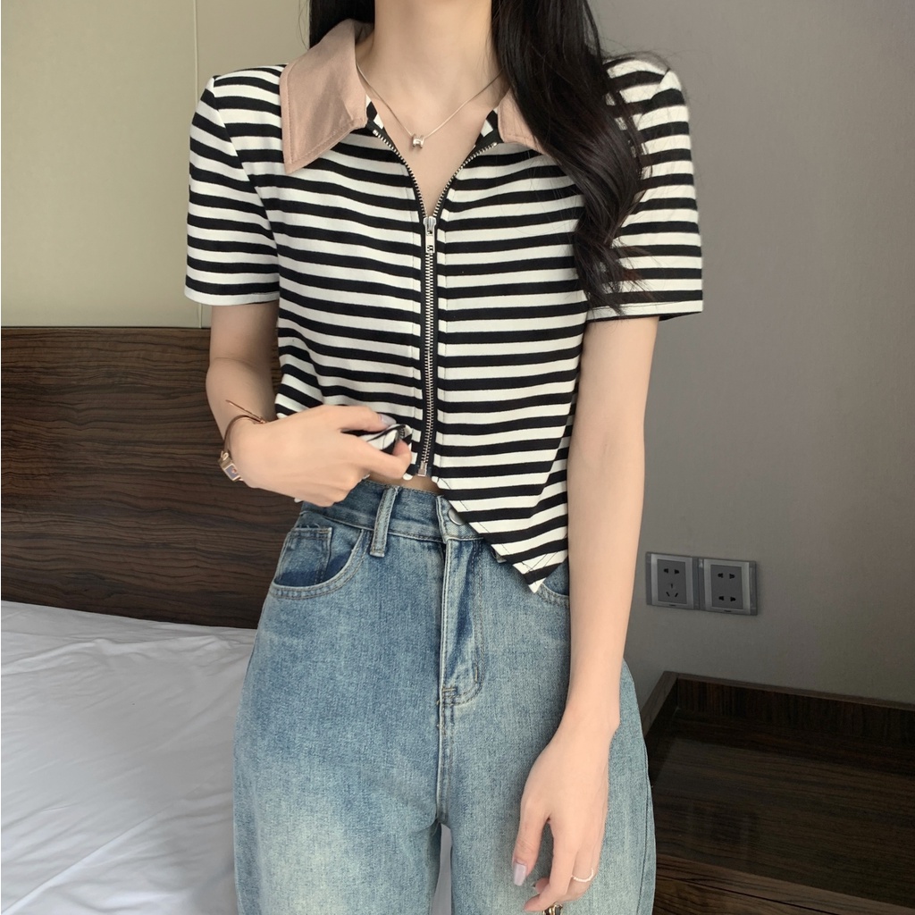 Áo thun polo dệt kim ZHELIHANGFEI họa tiết kẻ sọc thiết kế lệch tà thời trang cá tính cho nữ