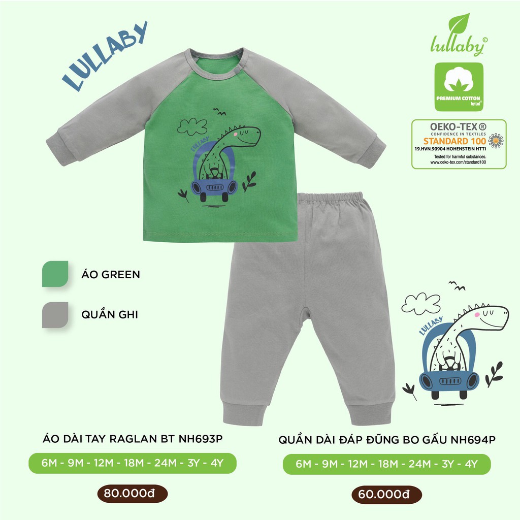 LULLABY ( ảnh thât) Bộ dài tay thu đông bé trai chất cotton ( màu xanh green )